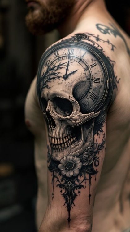 Arte de tatuagem 1 - Caveira Relógio Sombrio