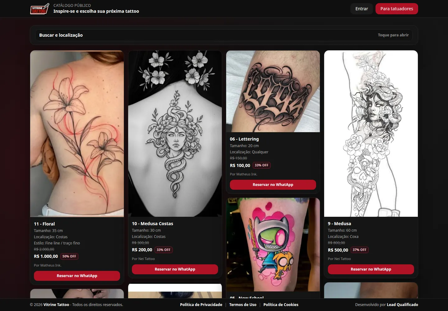 Tela real do catálogo público da Vitrine Tattoo exibindo artes organizadas em cartões