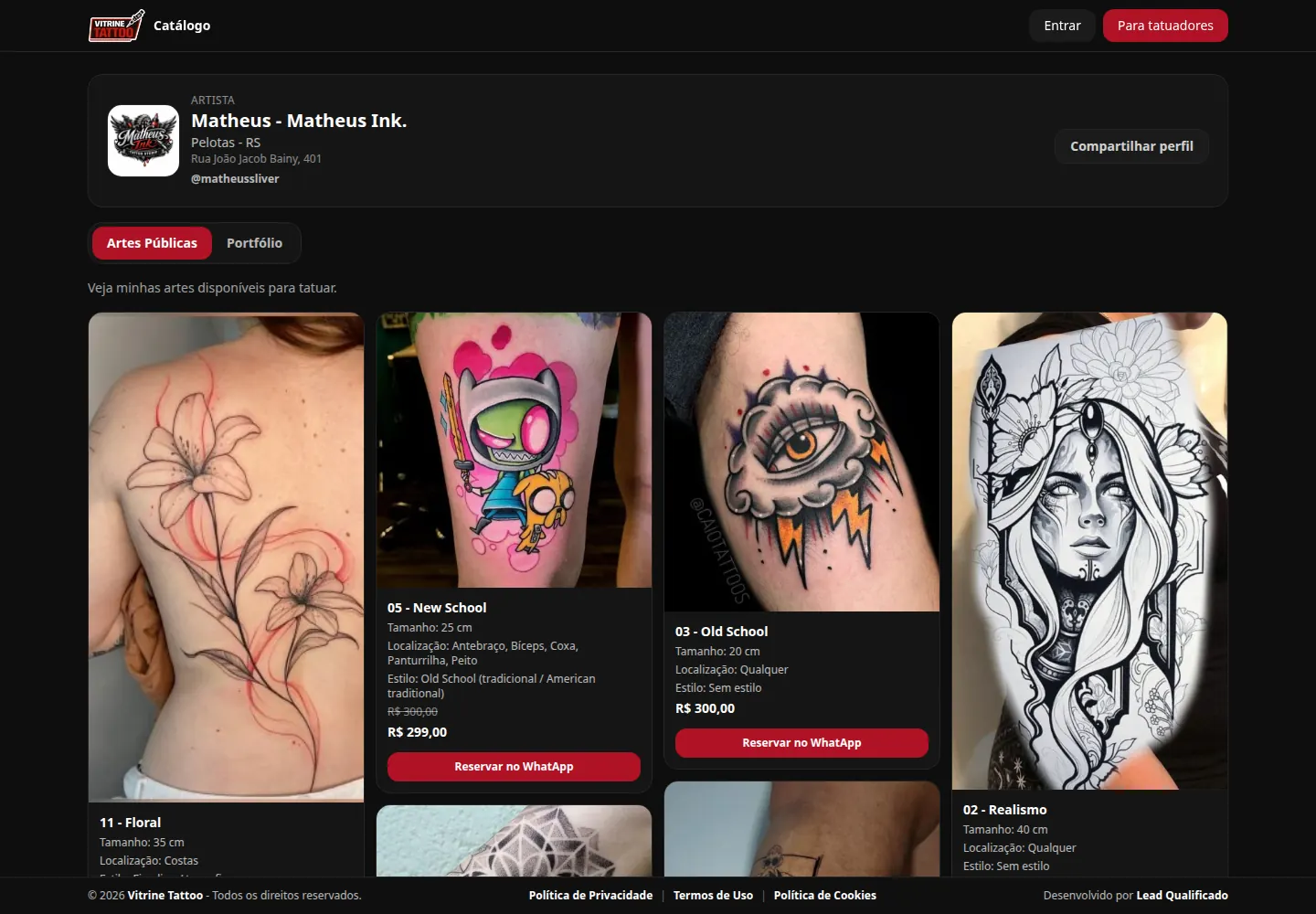 Perfil público real de um tatuador na Vitrine Tattoo, com apresentação e catálogo de artes