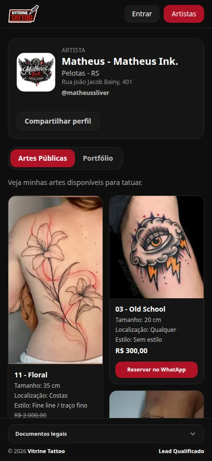 Tela real do perfil público de um tatuador na versão para celular