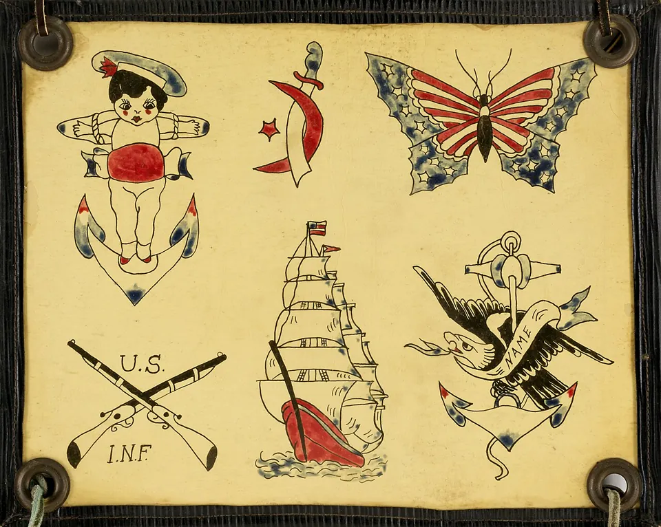 Flash náutico tradicional com borboleta, navio e âncora